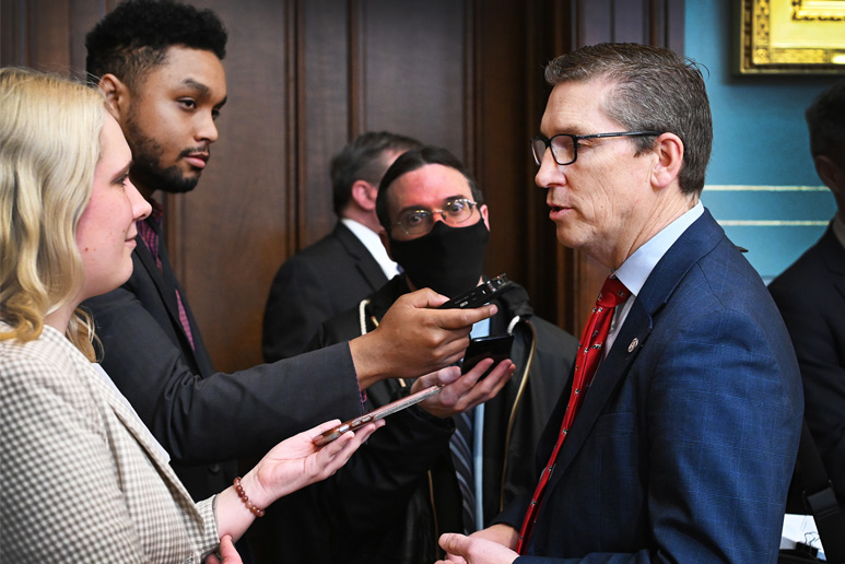 Mark Huizenga speaks with press election David LaGrand